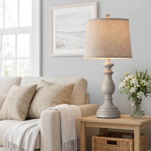 Image of PARTPHONER Traditional Table Lamp Set of 2, Rustic Farmhouse Table Lamps for Living Room Bedroom, 27 inch Bedside Desk Lamps Vintage Nightstand Lamps with Linen Shades, Antique Grey