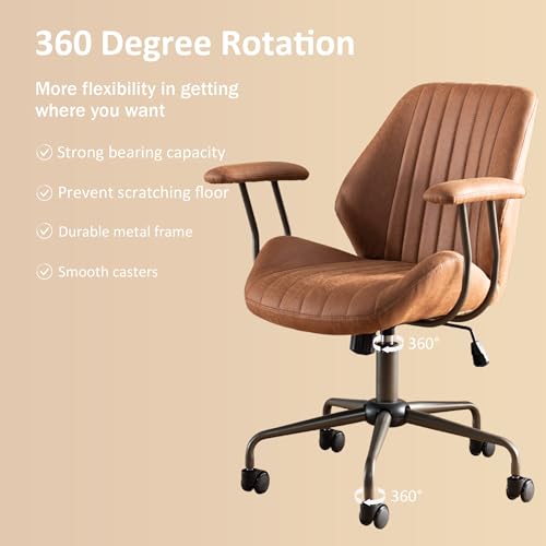 Image of Mid Back Home Office Chair, Mid Century Modern Executive Chair, Comfy Ergonomic Rolling Office Desk Chair with Lumbar Support, Brown Faux Leather Office Chair, Brown