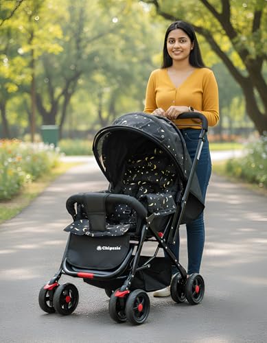 Image of Ezy Go+ Baby Stroller Pram with Mosquito Net | Reversible Handle, Full Recline & Foldable | All-Terrain 360Swivel Wheels, Safety Harness, Large Storage Basket | Thick Cushion Seats for Newborns to Toddlers 0-3 years (Black - Stars)