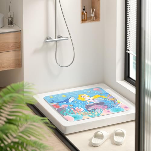 Image of HITSLAM Square Shower Stall Mat Anti Slip, Quick Dry 21x21 Inch Bathtub Floor Mat for Kids with Suction Cups and Drainage Holes, Machine Wash, Soft on Feet, Mermaid
