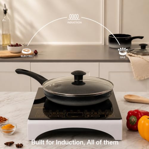 Image of Kreme Aura Granite Non Stick Cookware Set 10pcs | Aluminium Cookware Set | Fry Pan 20cm, 26cm, Sauce Pan 16cm, 18cm, Casserole Pot 20cm with 3 Glass Lid | Induction & Gas Compatible, Ivory | Kreme DELUXE Cookware Set 10pcs