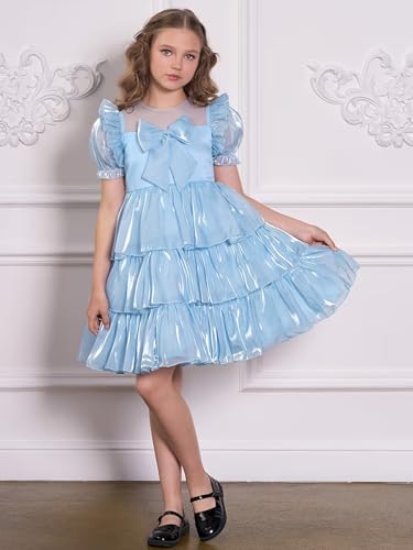 Image of Tagas Girls Dress | Premium Jimmy Choo Fabric Look | Light Sky Blue Layered Frock with Bow | Birthday, Wedding & Festive Dress for Kids (Ages 1 9 Years)| Knee Length