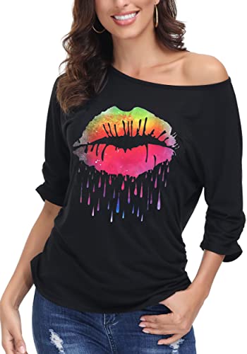 DOTIN Damen T-Shirt 80er Jahre Sexy Lippen Drucken One-Shoulder-Shirt Kurzarm Sommer Oberteil Casual Bluse Tops Schwarz-5 XXL