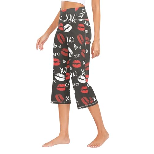 Calça de moletom feminina Glamour Red Lips Hearts V Crossover para ioga com controle de barriga para