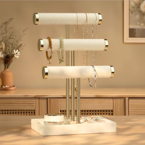 3 Tier Bracelet Holder Display - Beige Velvet Jewelry Organizer Stand, Detachable T Bar Jewelry Holder for Bracelet, Necklace, Watches, Rings by bussdis - Image 5
