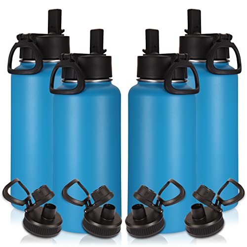 Image of Volhoply 32 oz Insulated Water Bottles Bulk 4 Pack with Straw Lid & Spout Lid,Stainless Steel Sports Water Bottle,Double Wall Vacuum Cups,Leakproof Wide Mouth Metal Flask for Hiking,Camping(Blue,4)