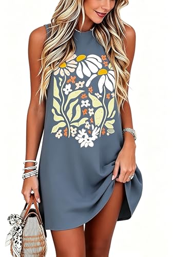 Image of Sun Salt Sand Coconut Tree Tank Mini Dress for Women Sleeveless Beach Praty Shirts Summer Vacation Short Mini Dresses