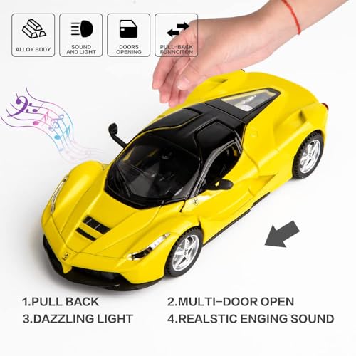 Image of 1:32 LaFerrari Toy Car, Metal Pull Back Diecast Model Car with Openable Doors, Sound & Light, Gifts for Kids (Yellow)