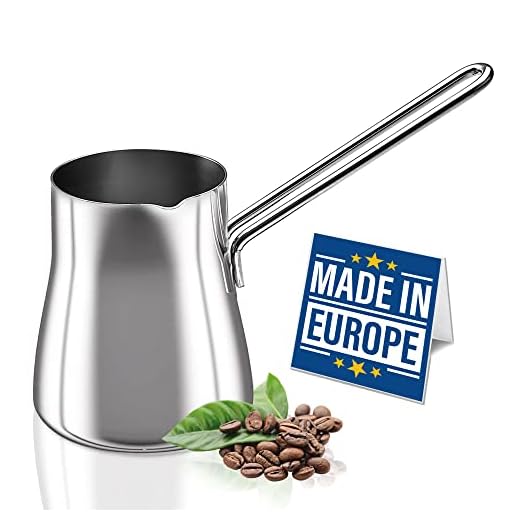 CRYSTALIA Cafetera Turca de Acero Inoxidable 18/10, 425 ml para Estufa, Cazo para Calentar Leche, Chocolate, Cafetera Griega, Cafetera Árabe, Cezve Briki, Cafe Turco, Taza para Derretir Mantequilla