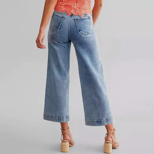 Women's Jeans Wide Leg Jeans for Trendy High Waisted Flare Jeans Cropped Denim Pants Stretchy Baggy with Patch Pockets4