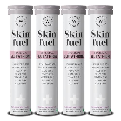 - Skin Fuel Liposomal Glutathione 90% (600mg)|Hyaluronic Acid, Vitamin C & E | 4X Absorption |Skin Radiance, Anti-Pigmentation & Hydration | Blueberry Mint Flavour | 15 Veg Tablets ( pack of 4 )