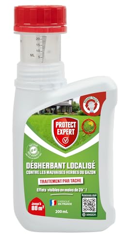 PROTECT EXPERT Désherbant Concentré Localisé Contre Les Mauvaises Herbes Du Gazon - 200ml - Soit 88m² - Non Sélectif - Bidon Doseur DG200N