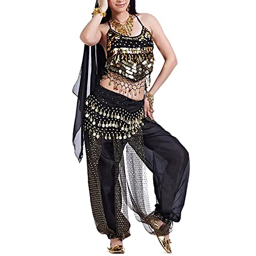 Image of VRITRAZ Women's Chiffon Belly Dance Chiffon Top, Harem Pants and Hip Scarf Ringy Golden Coins Fancy Pants