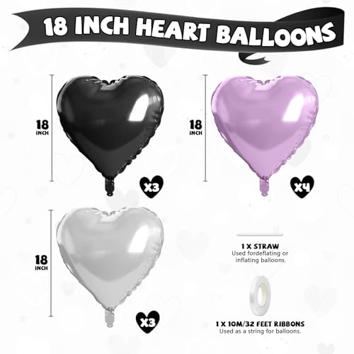 Image of Purple and Black Heart Balloons, 10 Pcs Light Purple Silver Heart Shape Foil Balloon 18 Inch Birthday Balloons for Girls Princess Theme Birthday Wedding Valentines Baby Shower Party Decoration