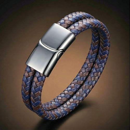 Image of THE MEN THING Leather Bracelet for Men - American Style Genuine Leather Multi-Layer Braided Bracelet with 100% Stainless Steel Magnetic Buckle for Men & Boys (8 inch)
