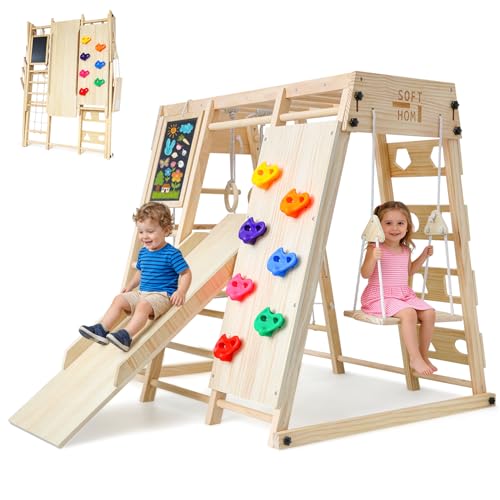SOFTHOM Maxi Indoor Spielplatz für Kinder, 10 in 1 Klettergerüst Indoor ab 1 Jahr (Klappbar), Montessori Indoor Spielset mit Tafel, Schaukel, Kletterwand, Kletterausrüstung für Kinderzimmer aus Holz