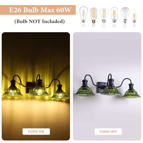 Image of Vintage Vanity Lights 3-Light, Black Bathroom Lights with Green Shade, Glass Bathroom Light Fixtures Over Mirror, Farmhouse Wall Sconce for Bathroom, Vanity Table, Entryway, Hallway