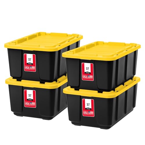 Image of IRIS USA 4-Pack 27 Gallon Storage Bins with Lids |Made in USA| Heavy Duty Plastic Tote Containers for Truckbed Tool Box Organization, Large - Black /Yellow