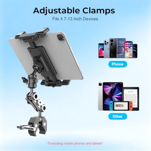Image of ZORBES Clamp-On Tablet & Phone Holder for 4.7-13 Inch Devices, 360 Rotating Adjustable Mount Universal Handlebar & Pole Clamp Stand with Flexible Arm, Anti-Slip Hands-Free Holder for Gym, Bike, Desk