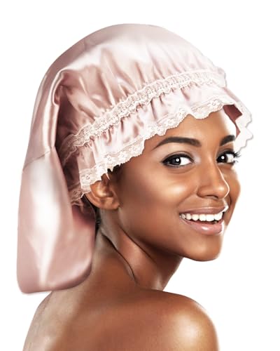 FOLAI Gorro de dormir de seda, suave y cómodo de satén, gorro largo de satén para mujer, gorro de seda para dormir, transpirable (rosa)