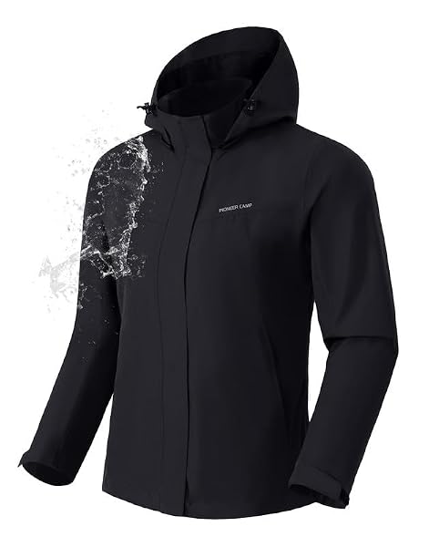 Pioneer Camp Damska kurtka przeciwdeszczowa, wodoszczelna, lekka, oddychająca, wiatroszczelna kurtka outdoorowa ze zdejmowanym kapturem, czarny, L