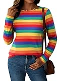 LilyCoco Womens Rainbow Striped Long Sleeve Shirt Boat Neck Tops Nautical Loose Fit T Shirt Colorful X-Large