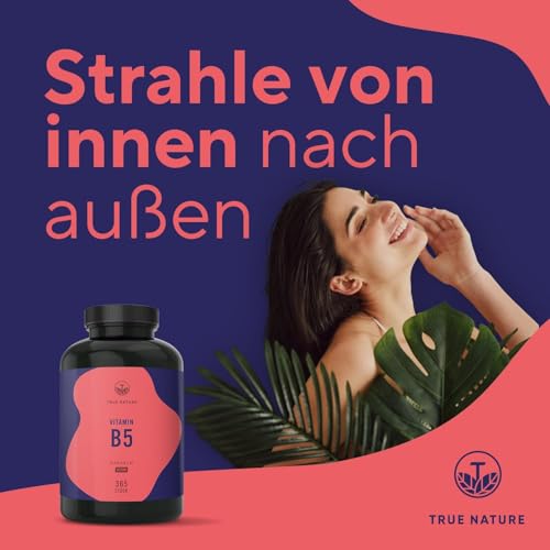 Vitamin B5-365 Kapseln - 500mg Pantothensäure hochdosiert - 1 Jahr Vorrat - Leicht schluckbare Kapseln - Vegan - Deutsche Produktion - TRUE NATURE