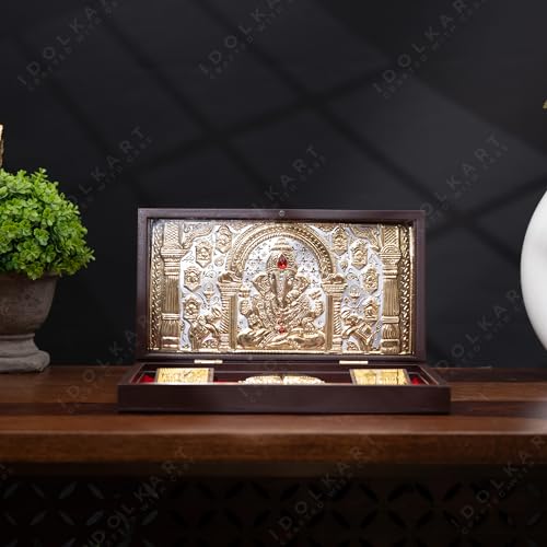 Image of Idolkart Ganesh Pocket Temple 24 Karat Gold Coated - Ganeshji Photo Frame, Gift, Vinayaka Photo, Ganesh Charan Paduka for Wealth, Prosperity and Vastu Benefits - gift for diwali, occassions - 4x8 Inch