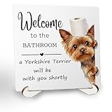 SkipTiger Yorkshire Terrier Gifts Wooden Decor Sign 5x5 Inch, Welcome to the Bathroom Yorkie Dog Signs Plaque With Wooden Stand for Bathroom Washroom Restroom Shelf Counter Decoration
