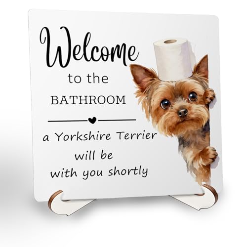 SkipTiger Yorkshire Terrier Gifts Wooden Decor Sign 5x5 Inch, Welcome to the Bathroom Yorkie Dog Signs Plaque With Wooden Stand for Bathroom Washroom Restroom Shelf Counter Decoration
