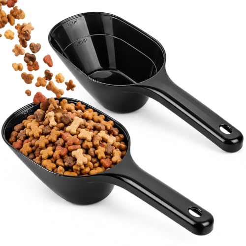 Aosnare 2 PACK Dog Food Scoop 1 Cup Capacity Pet Food Scoop With Measuring Lines For Dog Puppy and Cat (Black)