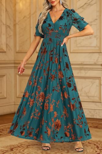 Image of Pinup Fashion Velvet Wedding Guest Dress - Fall Formal Holiday V Neck Empire Waist Long Dresses