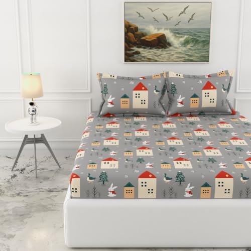 Image of LORETO - A QUALITY LINEN BRAND 186 TC 100% Pure Cotton King Size Fitted Bedsheet with 2 Pillow Covers for 78 x 72 Inch Mattress, All-Around Elastic, 8 Inch Deep Pocket, Grey Bunny