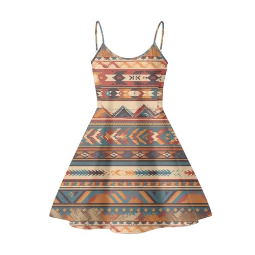 Frestree Southwestern Native Navajo Aztec Print Dresses Women's Girl's Casual Swing Dress Midi Sumemr Sleeveless Sundress for Beach Party