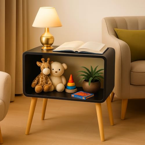 Image of ETIQUETTE ART Wooden Nightstand, End Table, Bed Side Table for Small Spaces Magazine Stand with Storage Engineered Wood Bookcase Wooden Bedside Table, Coffee Table, Living Room /Bedroom (Black)