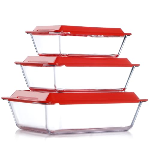 NUTRIUPS Set of 3 Deep Glass Baking Dish with Lids, Deep Lasagne Dish Set, Lasagna Dishes for Oven, Rectangular Glass Baking Dishes (1.4+2.3+3.5L)