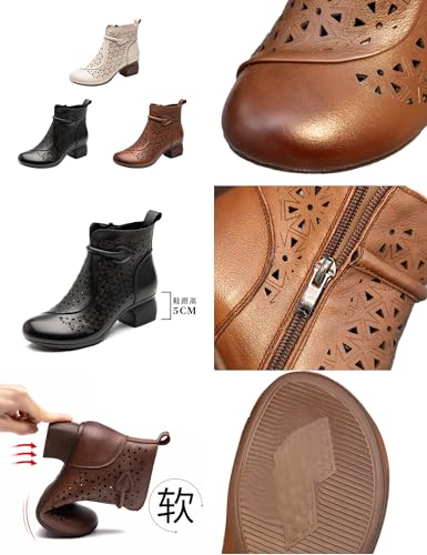 MOYOWEI Women's Leather Cutout Casual Dress Ankle Boots,Summer Comfort Chunky Block Stacked Heel Softsole Zip Short Booties2
