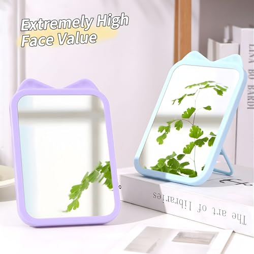 Image of Countertop Rectangle Cosmetic Mirror with Stand Bathroom Shaving Make Up Mirrors,Portable Folding Travel Mirror for Travel Camping Home (Blue - 1Pcs)