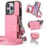 Arae for iPhone 15 Pro Wallet Case, PU Leather Flip Folio Case with Shoulder Strap Credit Card Holder for Women Men, Crossbody Phone Cover of iPhone 15 Pro 6.1inch, Rose Pink