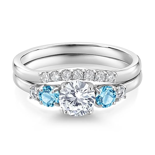 Gem Stone King 10K White Gold White Lab Grown Diamond and Swiss Blue Topaz 5 Stone Bridal Engagement Wedding Ring Set For Women (0.91 Cttw, Round: 5MM and 3MM, Available in Size 5,6,7,8,9)3