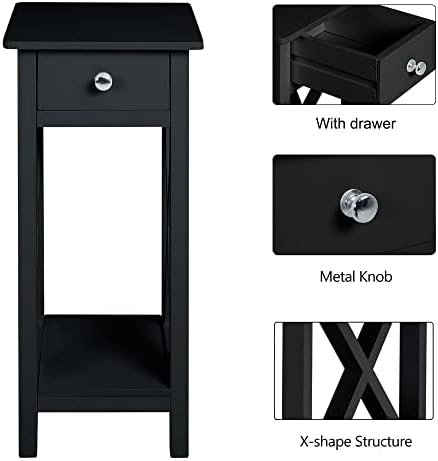 INMOZATA Narrow Bedside Table with Drawer Bedside Cabinet Telephone Table with Bottom Storage Shelf End Table for Living Romm Bedroom Hallway Black (Black)