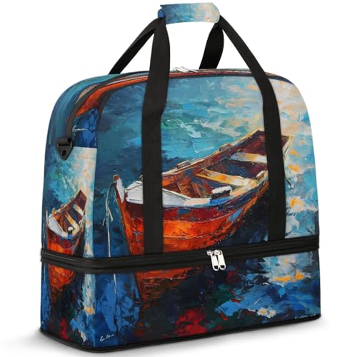 Travel Duffel Bags Oil Painting Boat Foldable Weekender Bags for Women with Shoes Compartment Waterproof & Tear Resistant Carry on Overnight Luggage Duffel Bag Shoulder Sports Tote Bag