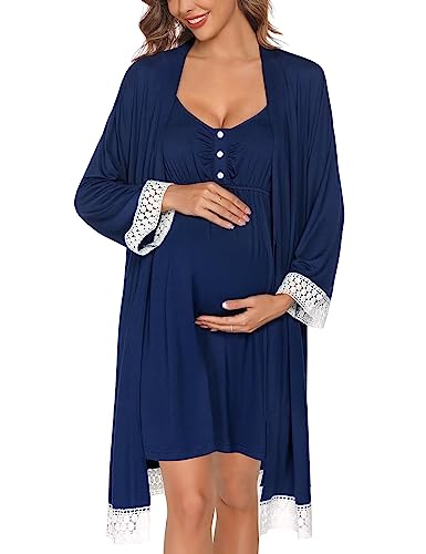 Image of SWOMOG Women Maternity Nursing Robe Set Labor and Delivery Gown Breastfeeding Nightgown Postpartum Robe Sets for Hospital