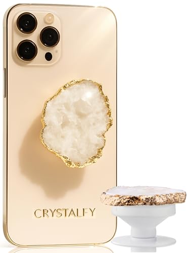 Grips by CRYSTALFY Crystal Phone Grip Holder & Expanding Kickstand-Natural Gemstone Swappable Top Accessory Compatible with iPhone iPad Kindle & Mobile Devices (White Clear Quartz Druzy Adhesive)