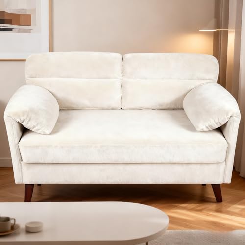 Ufurniture Velvet Loveseat Sofa 2 Seater Couch with Tufted Padded Armrest Soft Upholstered Small Couch for Living Room, Small Spaces, Apartments, Office, Lounge, Beige