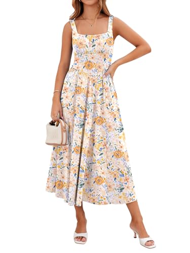 YIOYOLA Womens Dresses for Wedding Guest Beach Sundresses with Pockets Tank Midi Work A Line Dress for Women Casual Summer Vacation(YYL645-Yellow Floral 06,L)