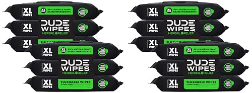 Image of DUDE Wipes Herbal Relief Flushable Wipes - Extra-Large Adult Wet Wipes - 12 Pack (144 Count) - Infused with Soothing Witch Hazel, Geranium Essential Oils, Vitamin E, and Aloe - Septic and Sewer Safe