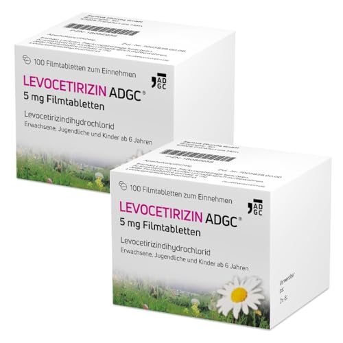 LEVOCETIRIZIN-ADGC 5mg - 2x 100 Stück - Allergie-Tablette mit vergleichbaren Ergebnissen wie Cetirizin bei halber Dosierung - zur Therapie von Allergiebeschwerden wie Heuschnupfen und Nesselsucht