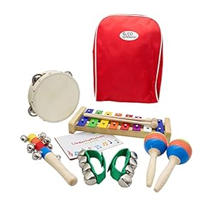 Kinder”Muziek in rugzak” set: Xylofoon, tamburijn, klemstaaf, armbanden en Maracas – 3878 (rood)