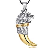 925 Sterling Silver Dragon Head Wolf Tooth 18k Real Gold Plated Pendant Necklace with Two Chains